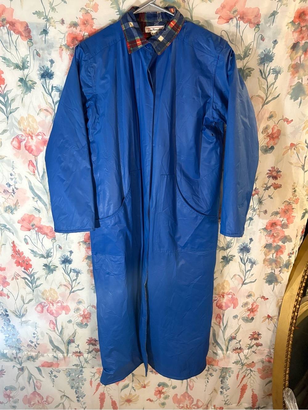 Vintage Bright Blue Long Raincoat with Plaid Collar